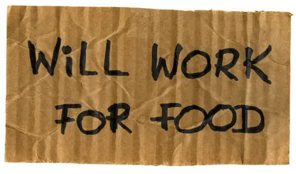 Kommer att arbeta för mat kartong tecken — Stockfoto