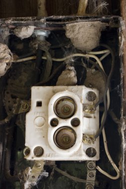 Wiring problem? Old fuse box with spider webs, b clipart