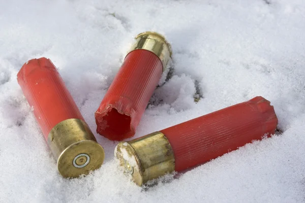 Lege kunststof shotgun shells links door een duck hunt — Stockfoto