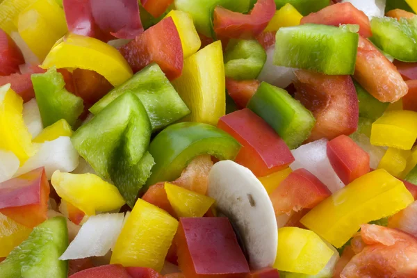 Green, red, yellow pepper, onion and mushrooms d — Stock Photo, Image