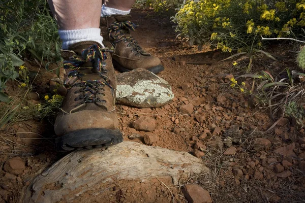 Hiker feet on a mountain trail — Stock Photo, Image