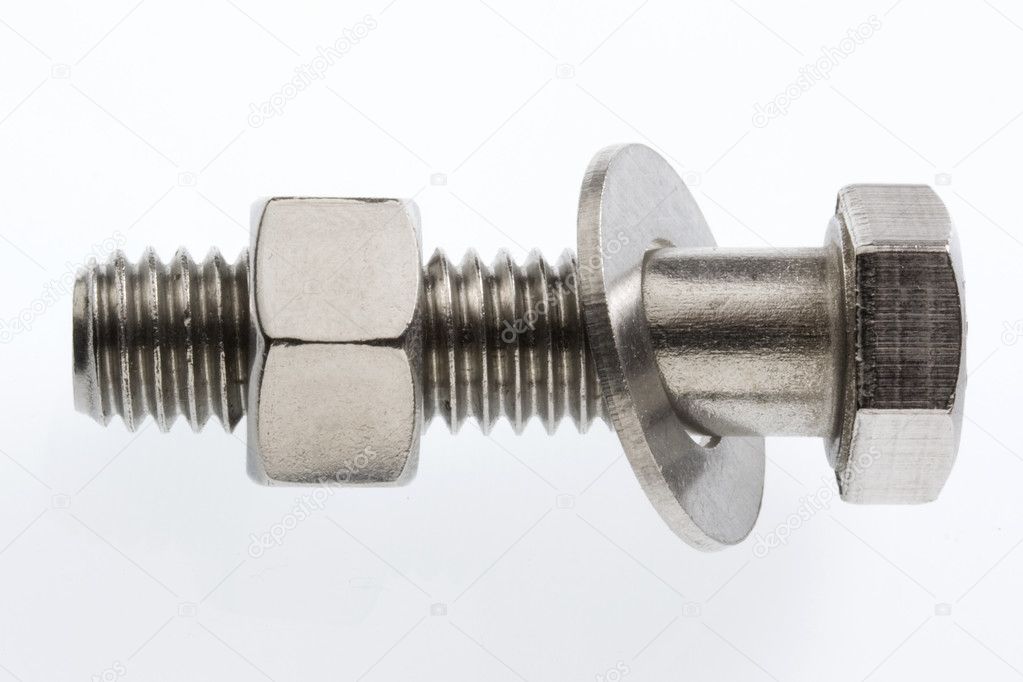 Big stainless steel bolt with nut and washer — Stock Photo © PixelsAway