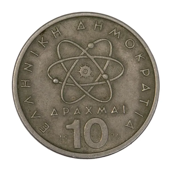 Wetenschappelijke model van atoom op Griekse munt — Stockfoto