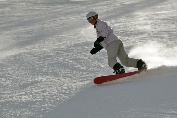 Сноубордистка в порошковом снегу — стоковое фото