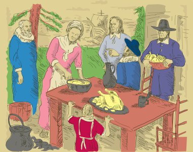 Pilgrims first thanksgiving dinner clipart