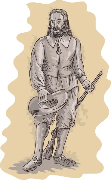 Pilgrim staande houden een musket geweer — Stockfoto