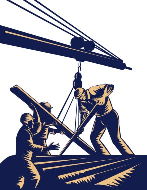 Construction workers hoist timber boom clipart