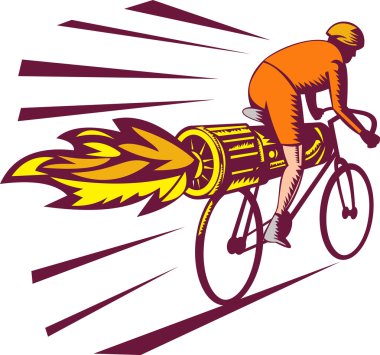 Cyclist racing jet engine on bicycle clipart