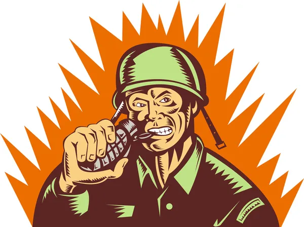 Солдат армии тянет булавочную гранату — стоковое фото