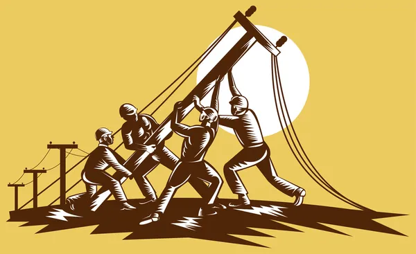 Linemen raising up electricity post — Stock Photo, Image