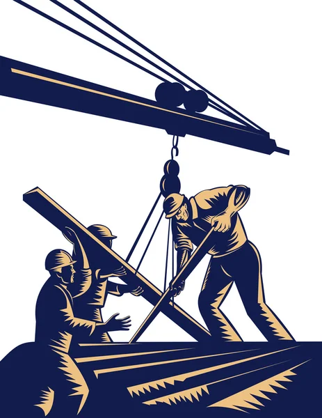 Construction workers hoist timber boom — Stock Photo, Image