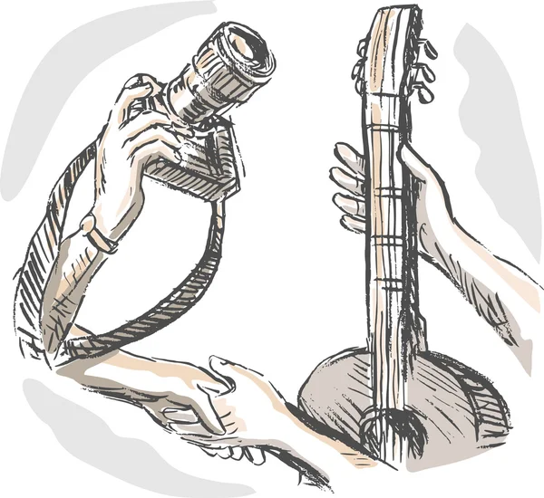 Ruilhandel swapping handen camera gitaar — Stockfoto
