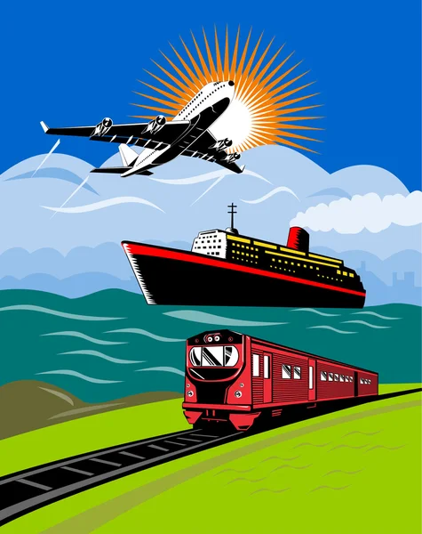 Flugzeug, Ozeandampfer und Zug — Stockfoto