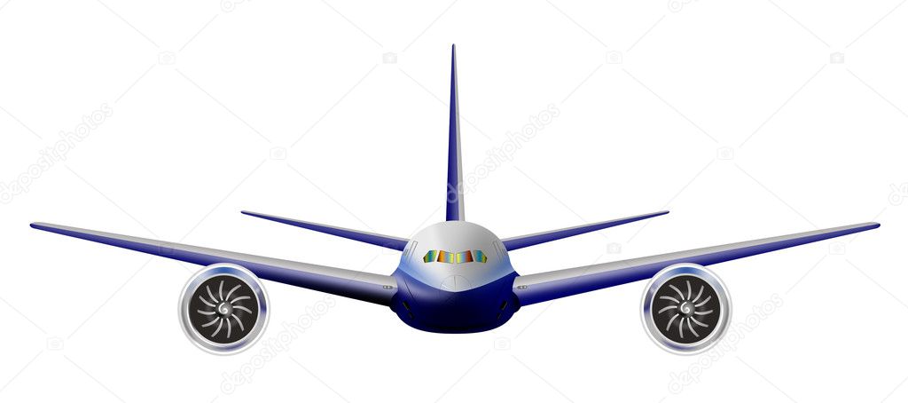 Jumbo jet airliner front view