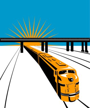 Diesel train passing under bridge clipart