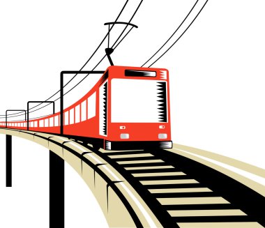 Electric train traveling over viaduct clipart
