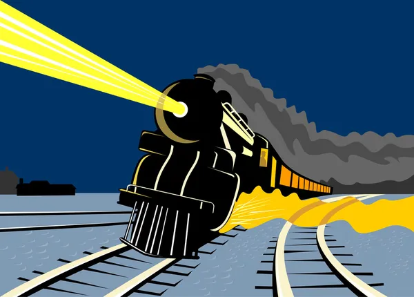 Comboio a vapor locomotiva viajando noite — Fotografia de Stock