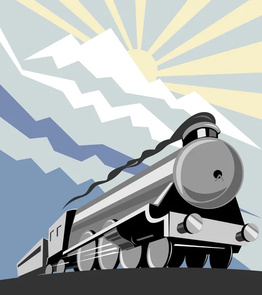 Locomotiva de trem a vapor com montanhas — Fotografia de Stock