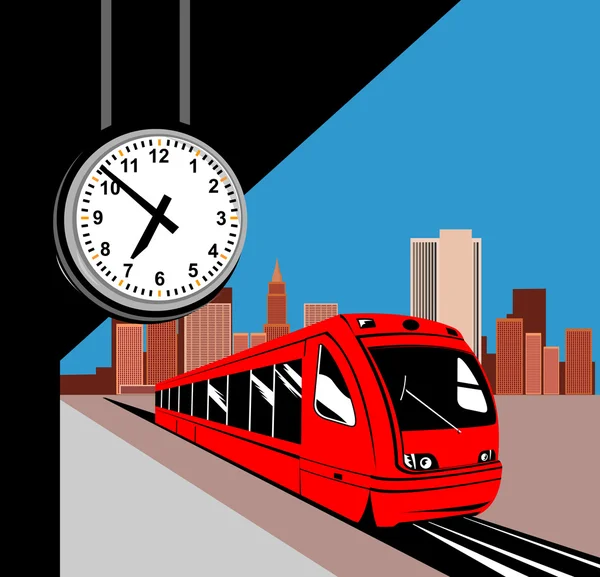 Train in the station with clock — Stock Photo, Image