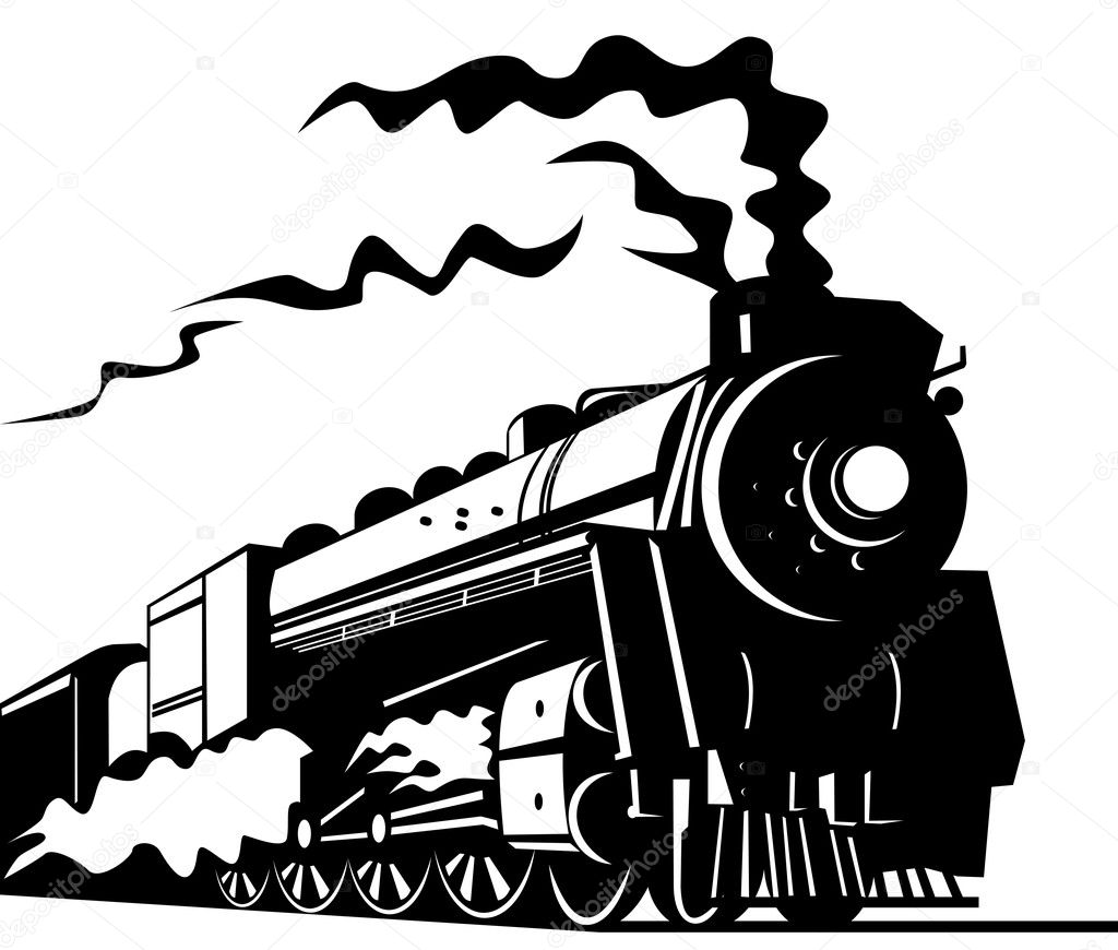 Black White Illustration Vintage Steam Locomotive Train Speeding Full Speed  Stock Vector by ©patrimonio 386820008