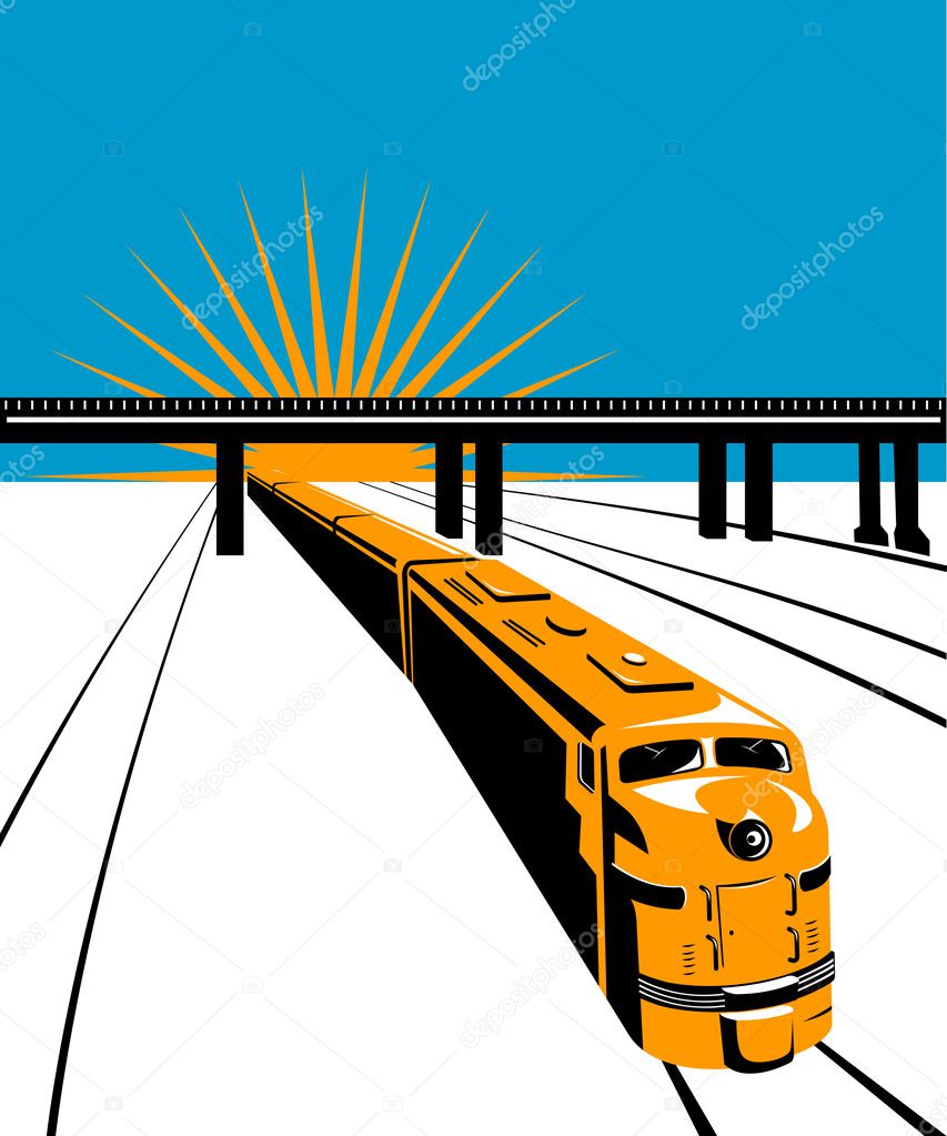 Diesel train passing under bridge