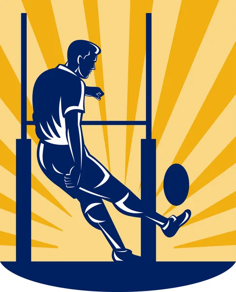 Rugby player kicking at goal post — Stock Photo, Image