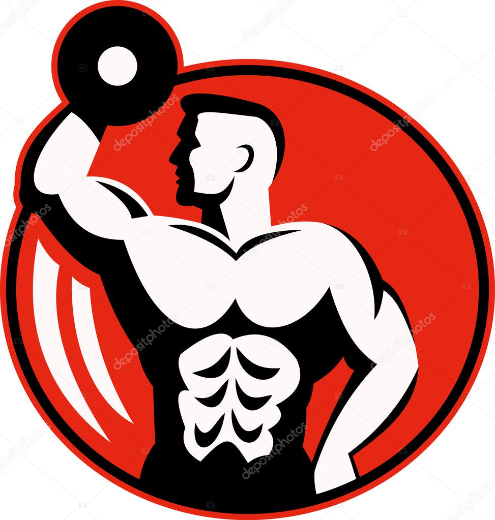 Human figure body builder lifting a dumbbell set inside a circle.