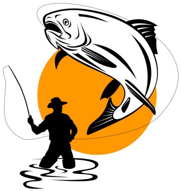 Fly fisherman catching trout clipart