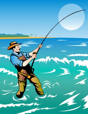 Fly fisherman surf casting clipart