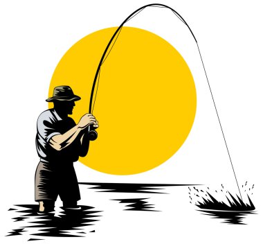 Fly fisherman catching trout clipart
