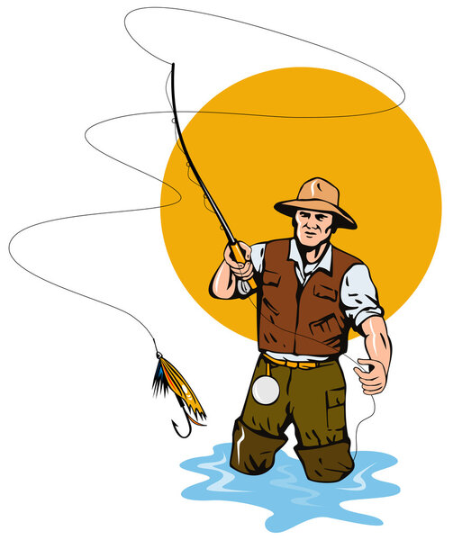 Fly fisherman catching trout