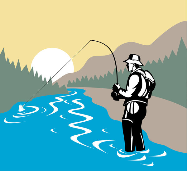 Fly fisherman catching trout