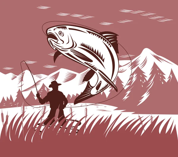 Sinek balıkçı alabalık yakalama — Stok fotoğraf