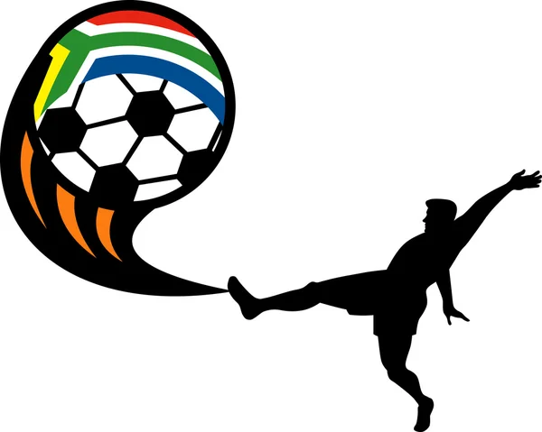 Giocatore di calcio kikcing palla con bandiera sudafricana — Foto Stock