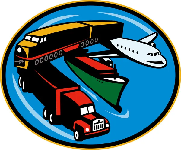 Vasút, teherautó, konténerszállító hajó és repülőgép utazás — Stock Fotó
