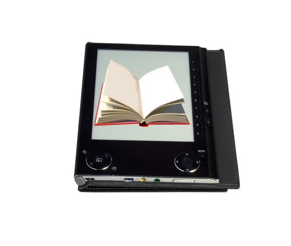 在屏幕上的书的电子书阅读器 — 图库照片