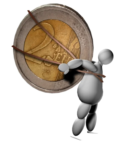 3D puppet bringing two euros coin Stock Picture