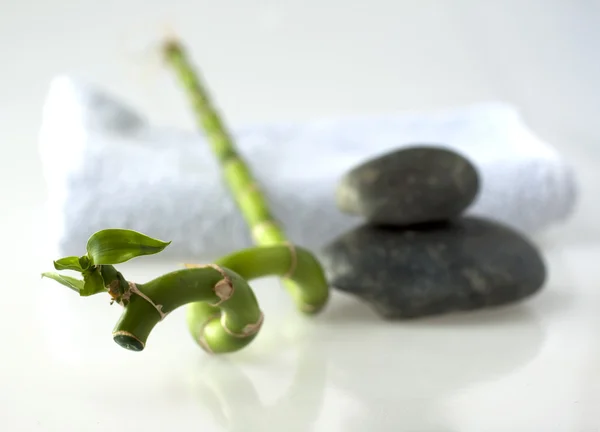 Bamboo branch with stones and towel — Stock Photo, Image