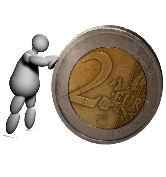 3 d の人形 2 ユーロ硬貨を押す — ストック写真