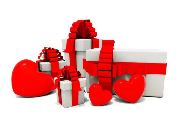 Kırmızı kalpler hediyelerle — Stok fotoğraf
