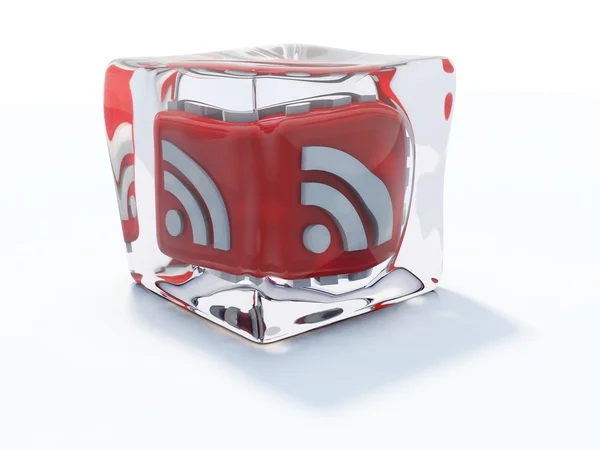 Icona rossa rss congelata nel cubo di ghiaccio — Foto Stock