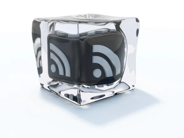 Black rss icon frozen in ice cube — Stock Photo, Image