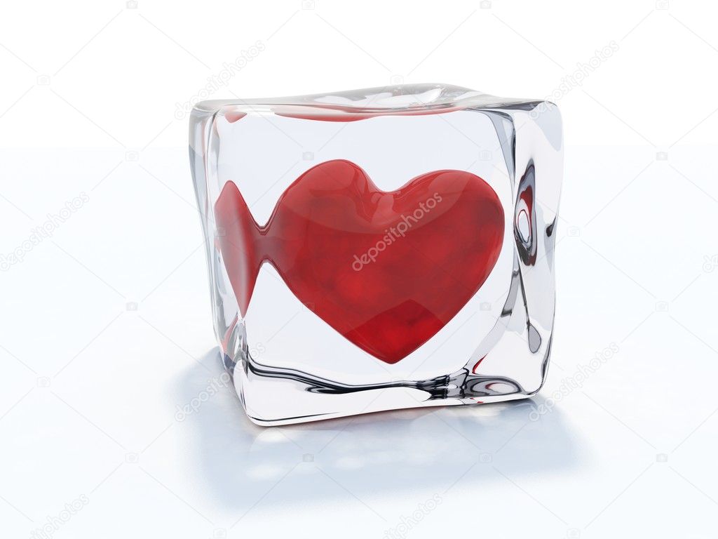 Red heart frozen in ice cube