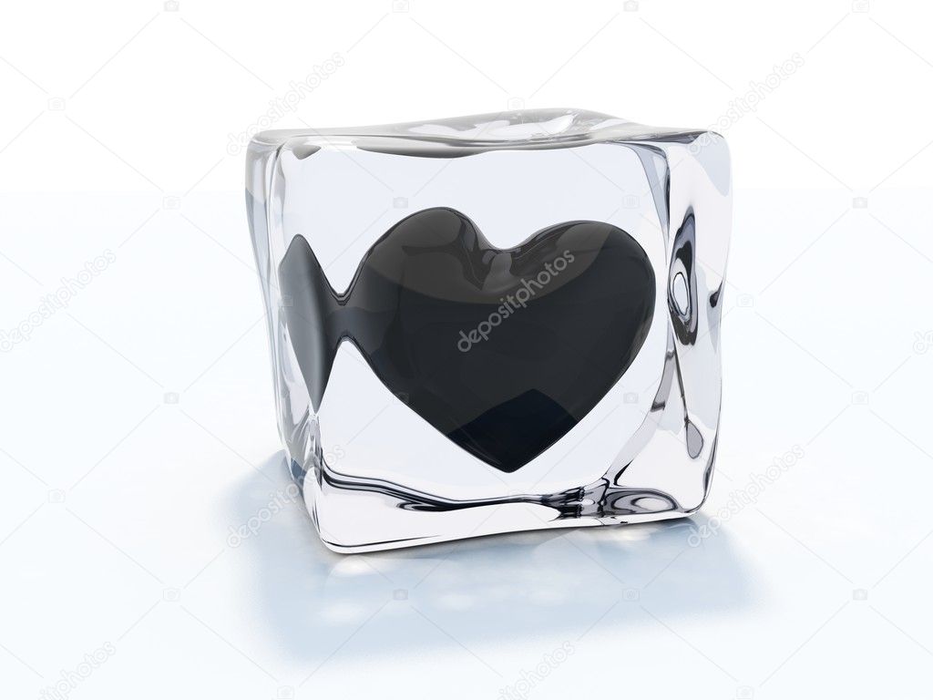 Black heart frozen in ice cube