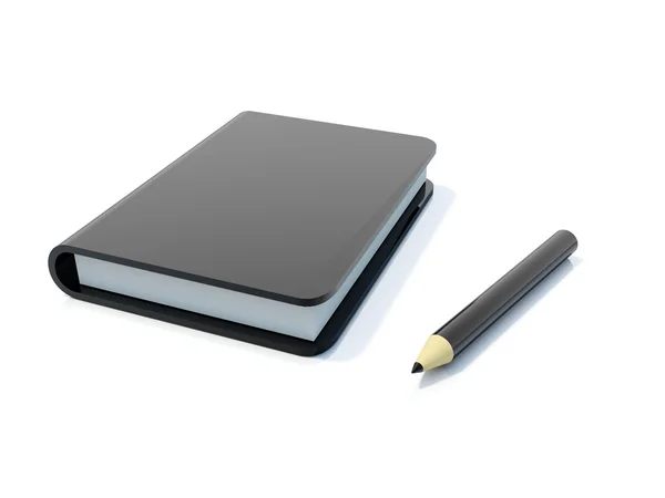 Schwarzes Notizbuch mit Stift auf weißem Papier — Stockfoto