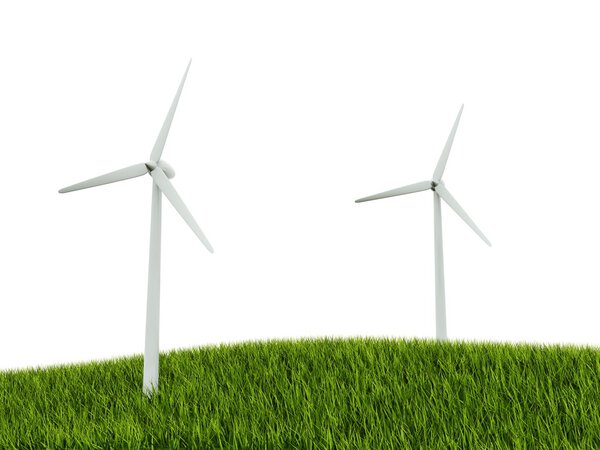 Wind turbines on green grass