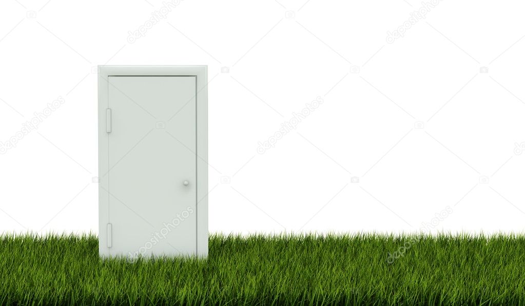 Closed door on green grass