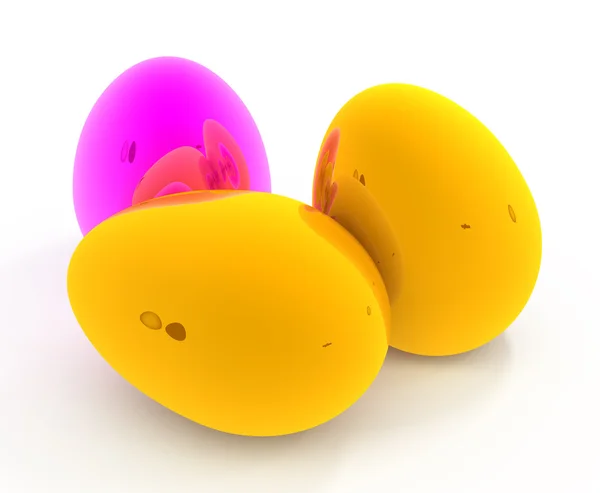 Tres huevos amarillos rosados de Pascua —  Fotos de Stock