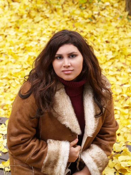 Sarı yapraklar ceketli genç kadın — Stok fotoğraf