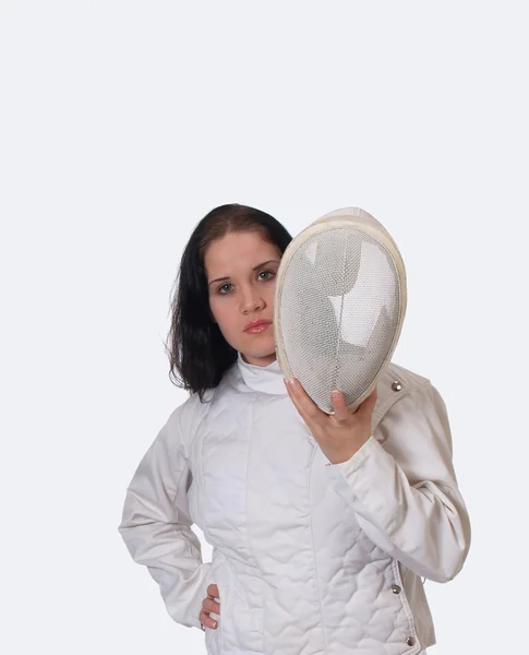 Ung kvinna i fäktning mask — Stockfoto